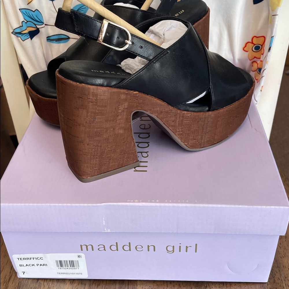 Madden Girl Black Slingback Platform Sandals with Brown Cork Style heel